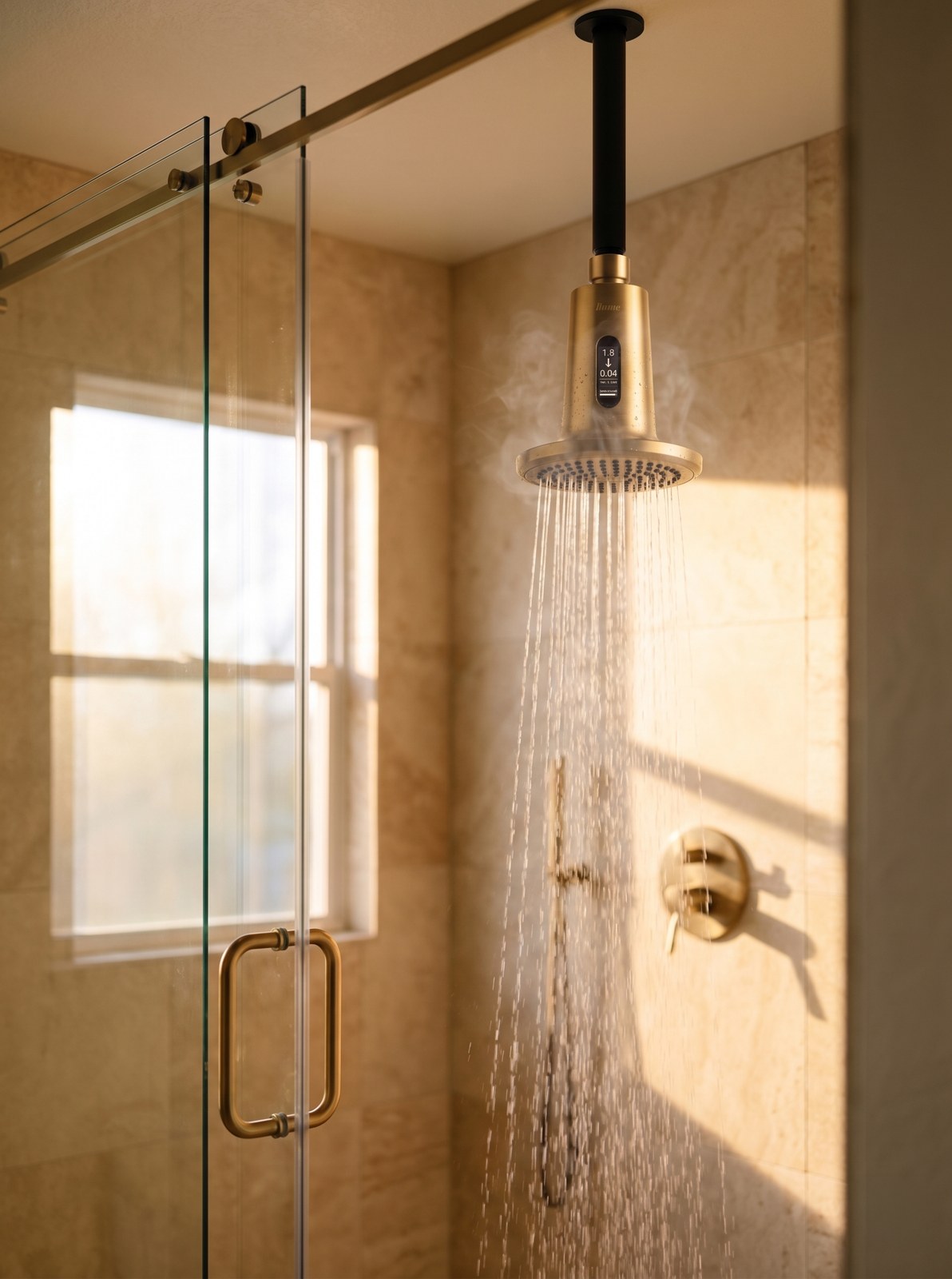 Crystal-clear frameless shower glass over travertine, no soap scum