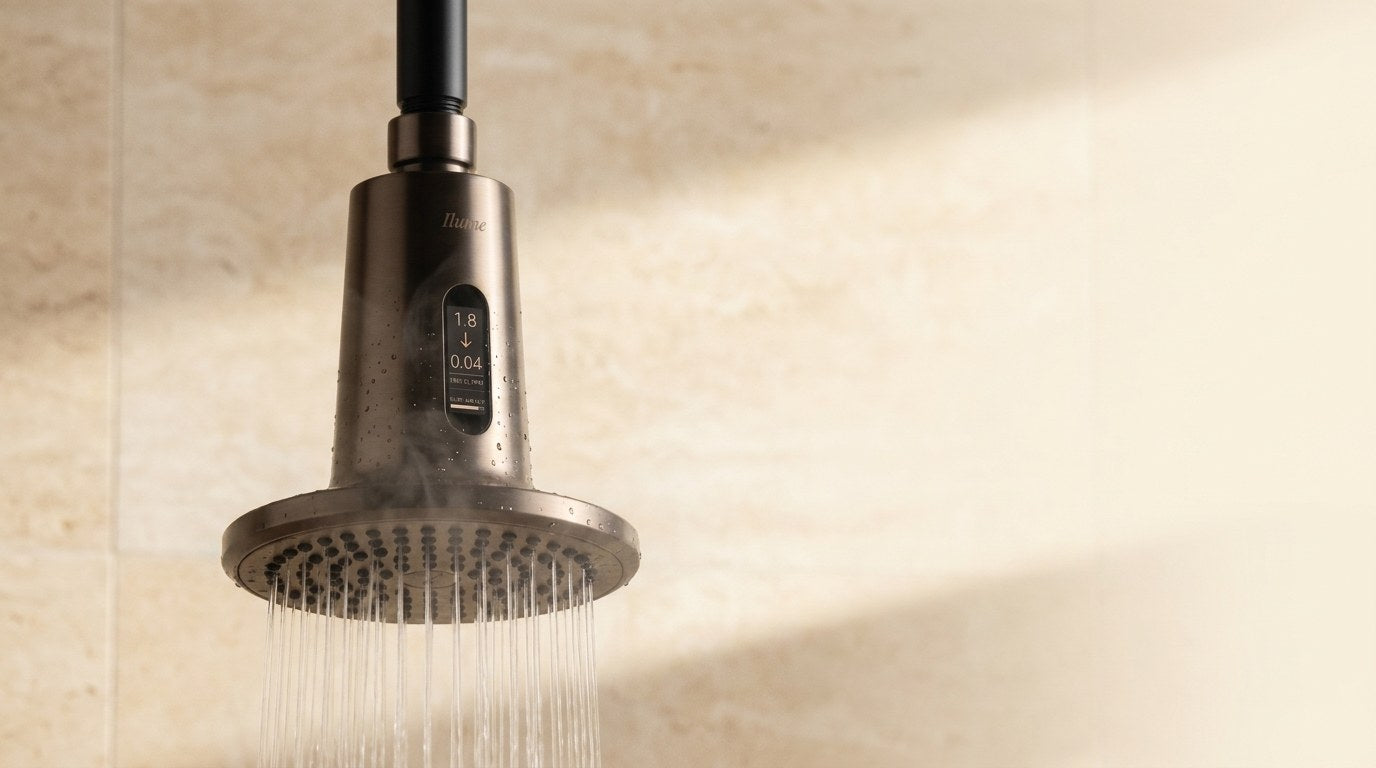 Ilume head mounted in a travertine bathroom