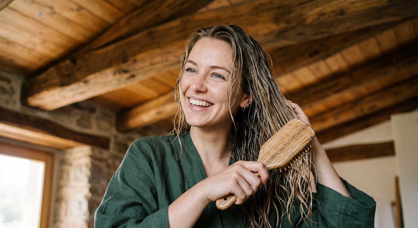 A woman brushing her healthy hair