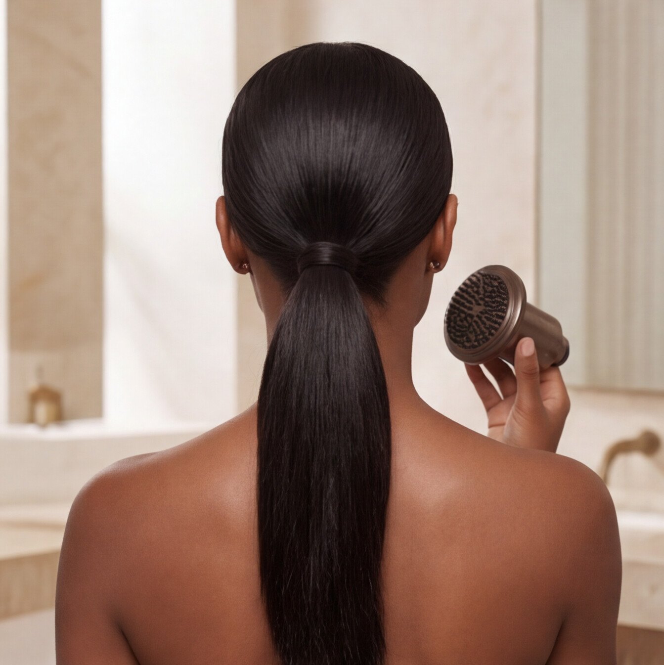 A woman with long, glossy, healthy hair